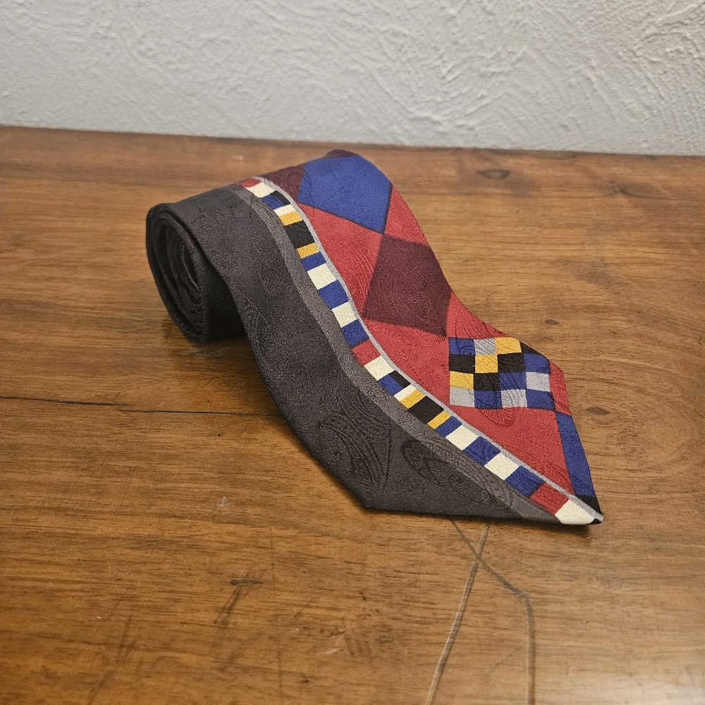 Vintage Halston Silk Tie Geometric Black Red Blue Yellow 80s Retro